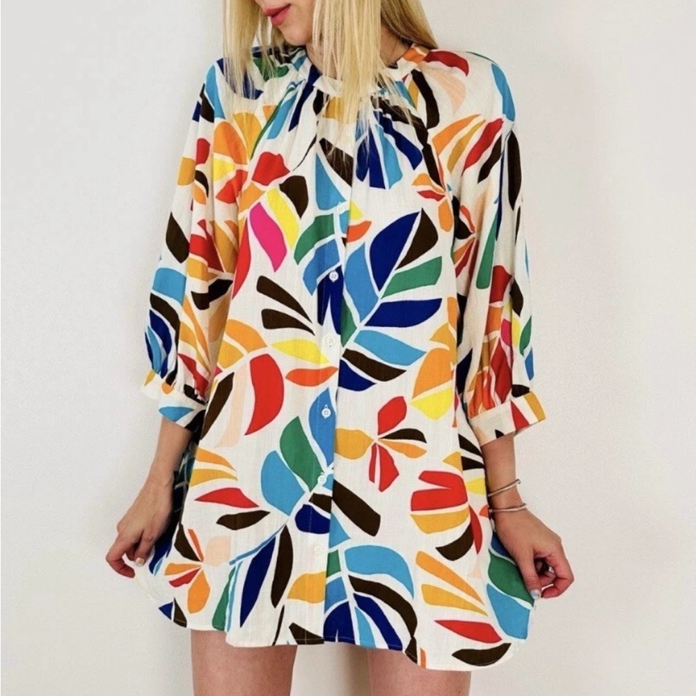 Tabitha Brown Botanical Print Puff Sleeve Shirt Dress Women’s Sz Small